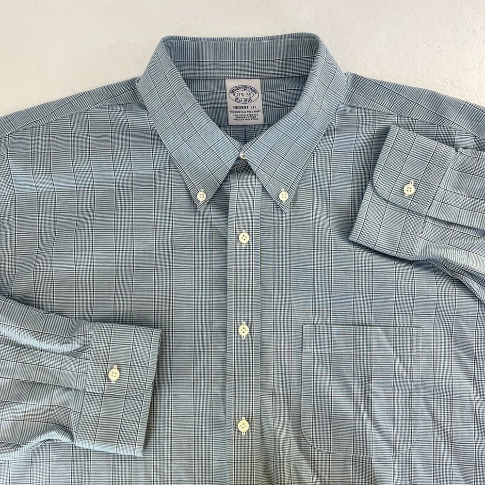 Brooks Brothers Shirt Mens 17.5 35 Blue Plaid‎ Regent Fit Non Iron Supima Cotton